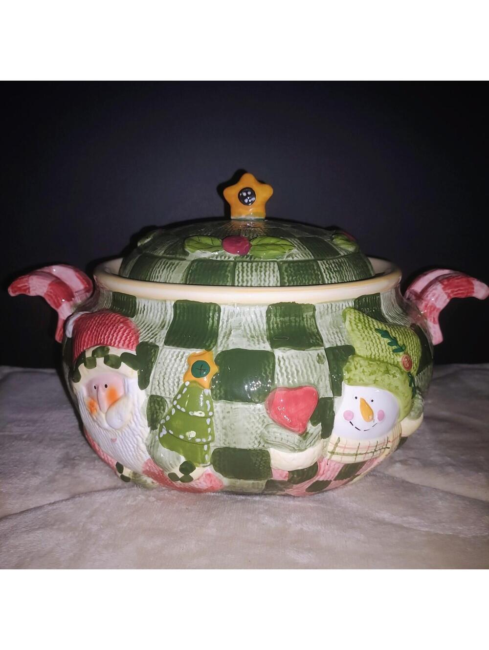 Christmas Ceramic Santa Claus & Snowman Cookie Jar Serving Bowl Pot With Lid